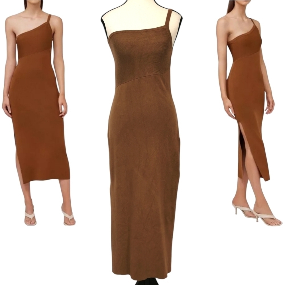 House of Harlow One Shoulder Bodycon Midi Dress Brown Babaton Style Minimalist S